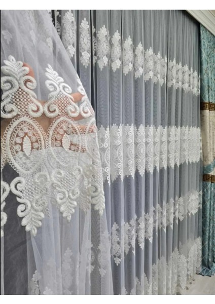 Nakışlı Brode Tül Perde Işlemeli Sık Pileli Ekru modelleri