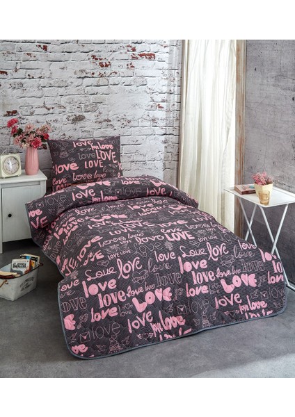 Çift Taraflı Tek Kişilik Kapitone Yatak Örtüsü Takımı Love Antrasit