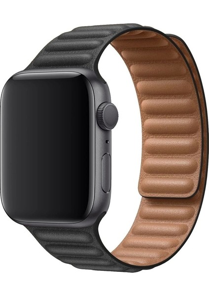 Apple Watch Uyumlu Kordon Suni Deri Mıknatıslı Kayış, Siyah