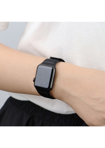 Apple Watch Uyumlu Kordon Suni Deri Mıknatıslı Kayış, Siyah