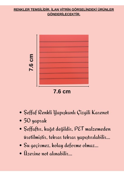 Şeffaf Renkli Postit Yapışkan Post-It Not Kağıdı Çizgili Karenot Pembe