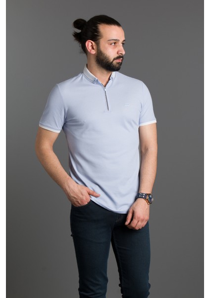 Erkek Mavi Fermuarlı Polo Yaka T-Shirt