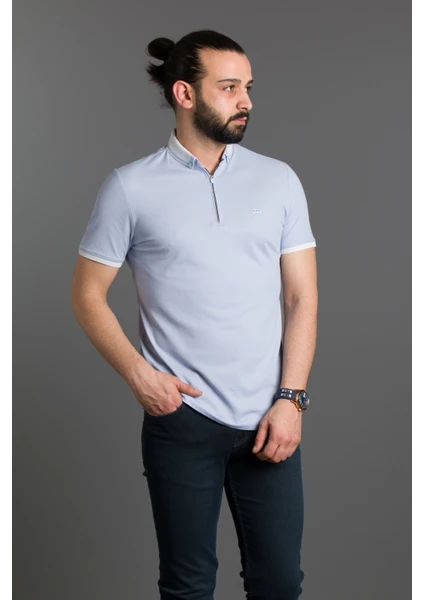 Zeki Özer Erkek Mavi Fermuarlı Polo Yaka T-Shirt