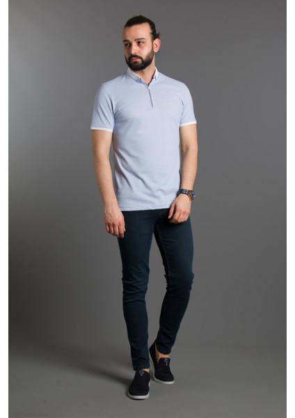 Erkek Mavi Fermuarlı Polo Yaka T-Shirt modelleri