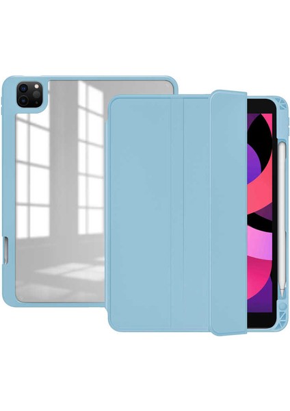 Apple iPad Pro 12.9 2022 M2 Uyumlu Tablet Kılıfı Nort Arkası Şeffaf Standlı Kılıf, Mavi Açık