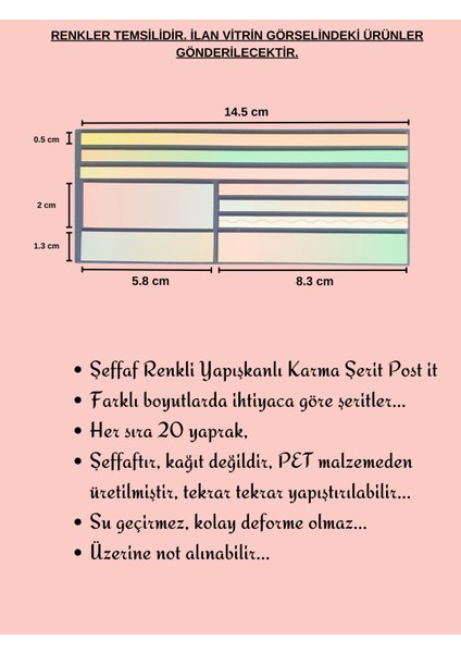 Şeffaf Renkli Postit Yapışkan Post-It Not Kağıdı Karma Şerit 2