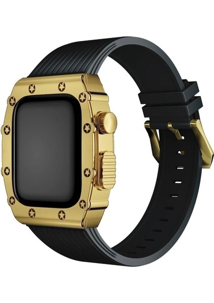 Apple Watch Seri Uyumlu Kordon Çelik Kasa & Silikon Stainless Luxury Kayış, Siyah-Gold