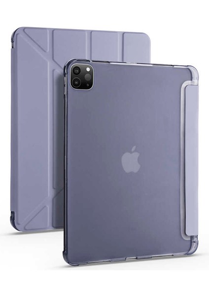 Apple iPad Pro 12.9 2020 (4.nesil) Uyumlu Tri Folding Kalem Bölmeli Tablet Kılıfı, Mor
