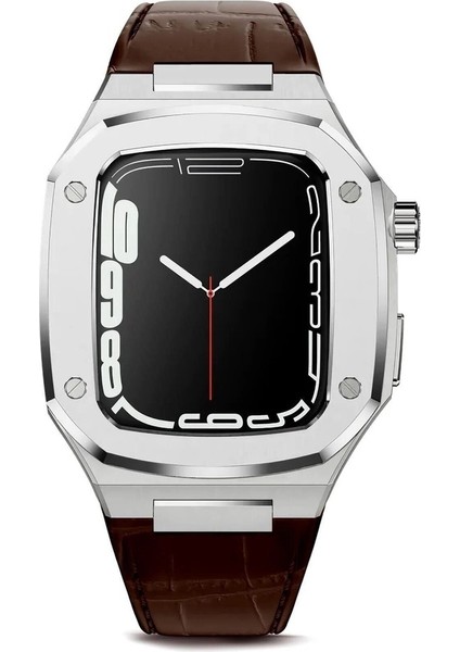 Apple Watch Seri Uyumlu Kordon Çelik Kasa & Deri Stainless Luxury Kayış, Kahverengi-Gümüş