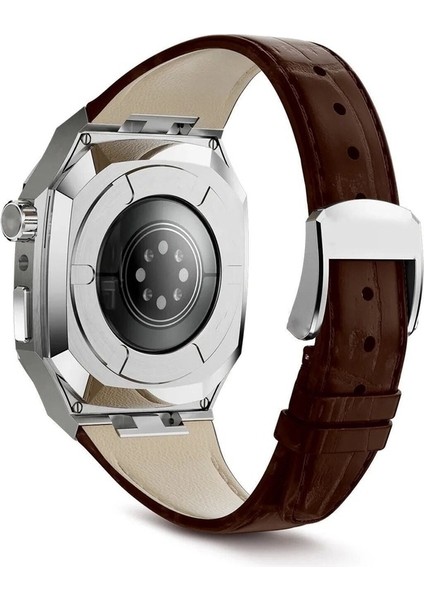 Apple Watch Seri Uyumlu Kordon Çelik Kasa & Deri Stainless Luxury Kayış, Kahverengi-Gümüş