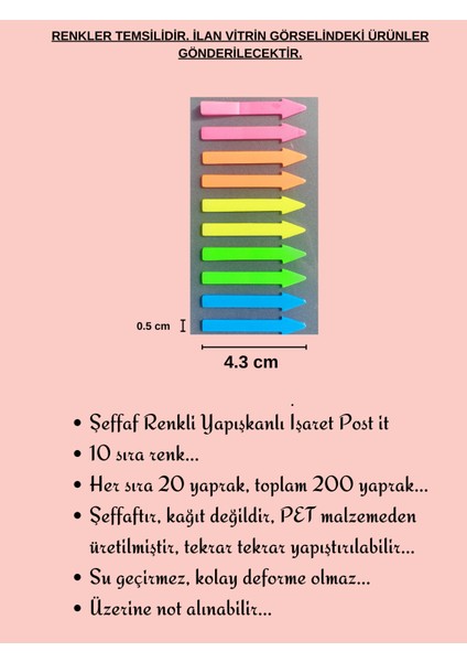 Şeffaf Renkli Postit Yapışkan Not Kağıdı Işaret Post-It 6