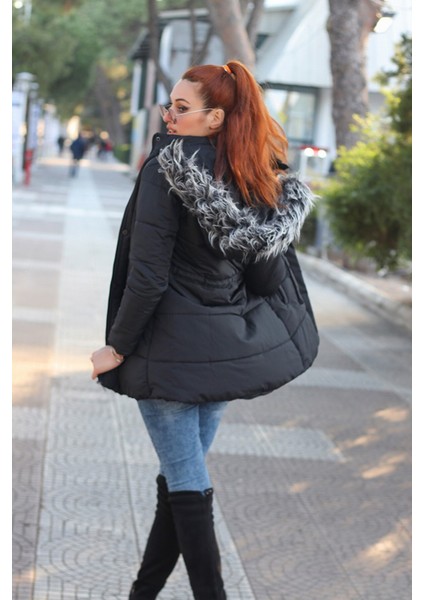 Kışlık Yaka Kürklü Uzun Kadın Şişme Mont BT122SIYAH10 modelleri