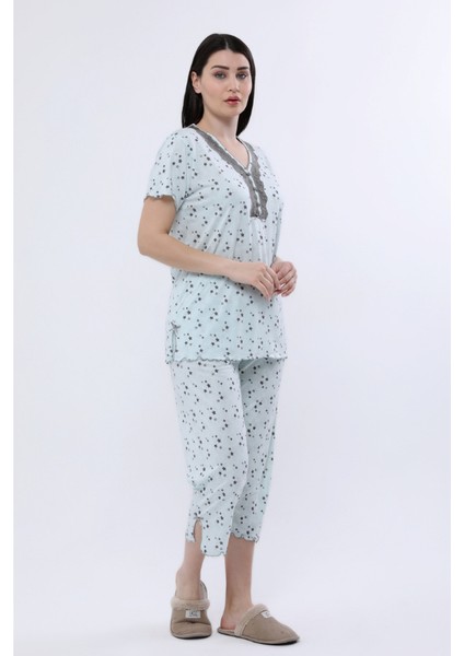 Kadın Pijama Mint Bambu Kumaş Kısakol Dantel Yaka Yıldızlı Puantiye Bermuda 5511