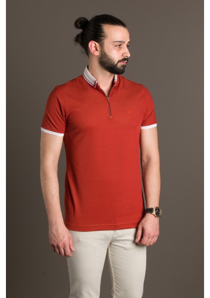 Erkek Kiremit Fermuarlı Polo Yaka T-Shirt