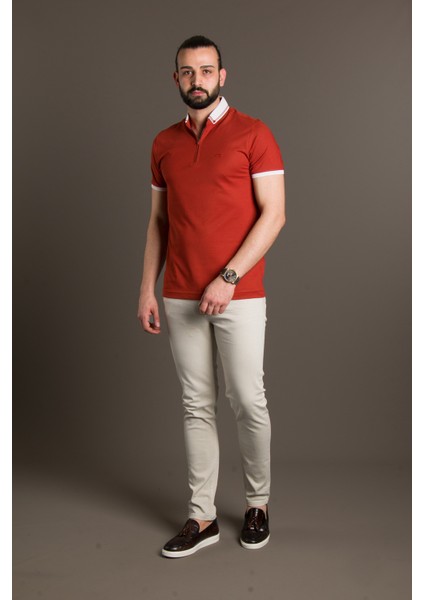 Erkek Kiremit Fermuarlı Polo Yaka T-Shirt modelleri