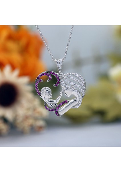 Kırmızı Beyaz Taşlı Anne Bebek Gümüş Kolye fırsatları