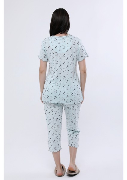 Kadın Pijama Mint Bambu Kumaş Kısakol Dantel Yaka Yıldızlı Puantiye Bermuda 5511