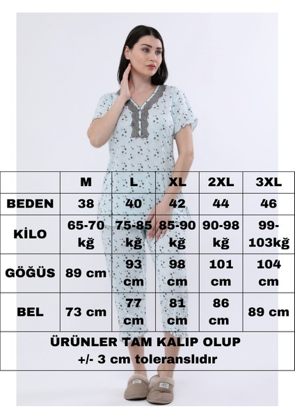 Kadın Pijama Mint Bambu Kumaş Kısakol Dantel Yaka Yıldızlı Puantiye Bermuda 5511