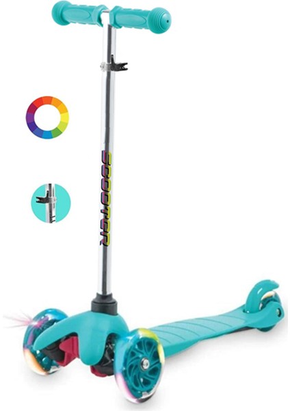 3 Tekerlekli (7renk Işıklı) Gövde Sıkıştırma Mandallı Yükseklik Ayarlı Işıklı Scooter