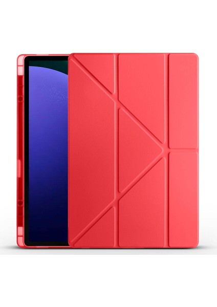 Megafox Teknoloji Samsung Galaxy Tab S9 Ultra X910 Uyumlu Tablet Kılıfı Tri Folding Kalem Bölmeli Kılıf, Kırmızı