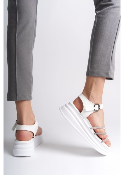 EVA Kalın Tokalı Taşlı Şeritli Ortopedik Taban Kadın Sandalet BT Beyaz modelleri