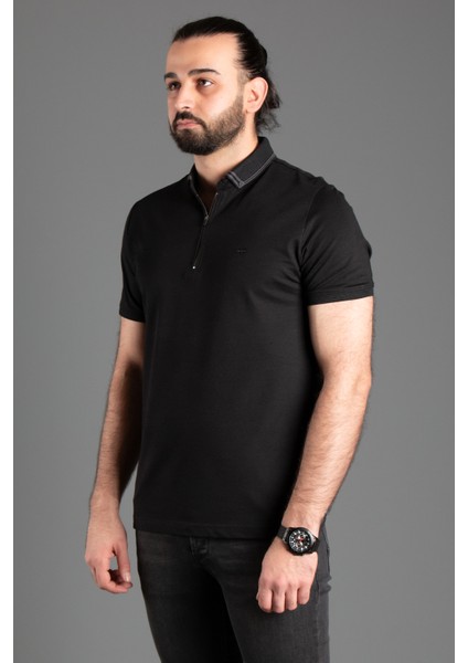 Erkek Siyah Fermuarlı Polo Yaka T-Shirt