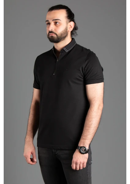 Zeki Özer Erkek Siyah Fermuarlı Polo Yaka T-Shirt