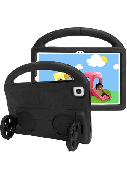 Samsung Galaxy T720 Tab S5E Uyumlu Tablet Kılıfı Wheel Car Tekerlek Standlı Kılıf, Siyah