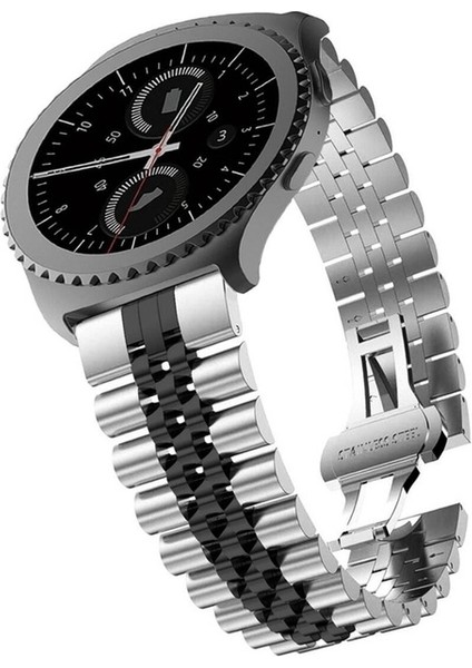 Samsung Galaxy Watch 3 Uyumlu Kordon Paslanmaz Metal Klipsli Rolex Kayış, Gümüş-Siyah