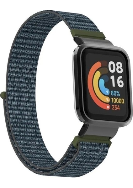 Xiaomi Redmi Watch Lite Uyumlu Kordon Hasır Örgü Kumaş Cırt Cırtlı Yumuşak Kayış, Lacivert - Yeşil