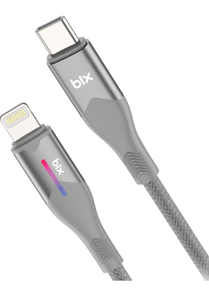 BX04CL Type-C To Lightning 27W Örgülü LED Işıklı 1 Metre Şarj ve Data Kablosu Gri