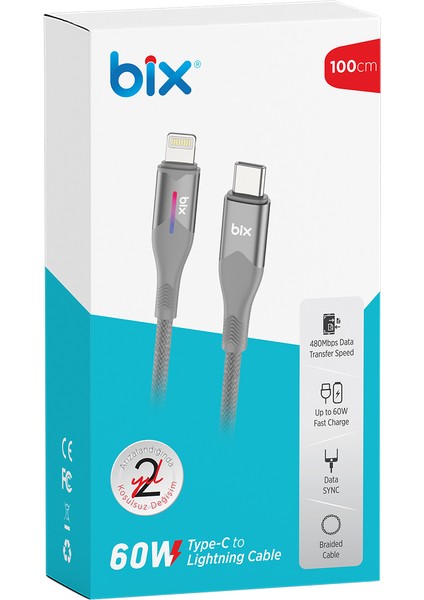 BX04CL Type-C To Lightning 27W Örgülü LED Işıklı 1 Metre Şarj ve Data Kablosu Gri