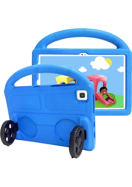 Samsung Galaxy T720 Tab S5E Uyumlu Tablet Kılıfı Wheel Car Tekerlek Standlı Kılıf, Mavi