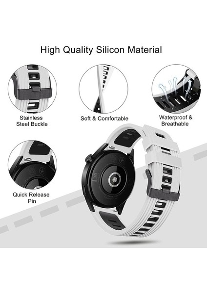 Huawei Watch Uyumlu Kordon Silikon Çift Renkli Spor Yumuşak Kayış, Beyaz-Siyah