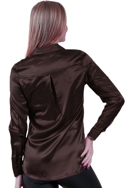 Kahverengi Hafif Dökümlü Sırtı Körüklü Saten Dokuma Kadın Gömlek fiyatları