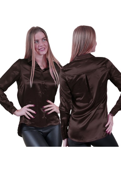 Kahverengi Hafif Dökümlü Sırtı Körüklü Saten Dokuma Kadın Gömlek modelleri