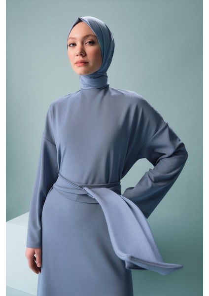 Örme Beli Çift Bağlamalı Elbise ORT9727 Indigo