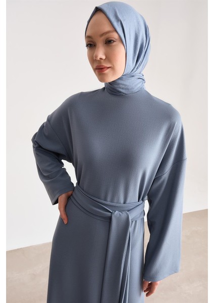 Örme Beli Çift Bağlamalı Elbise ORT9727 Indigo