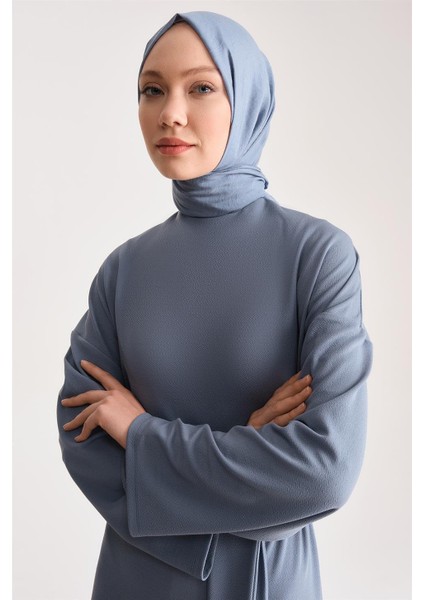 Örme Beli Çift Bağlamalı Elbise ORT9727 Indigo