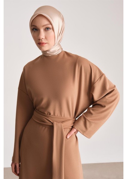 Örme Beli Çift Bağlamalı Elbise ORT9727 Camel