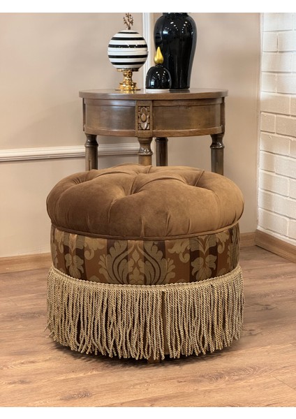 Yuvarlak Kapitoneli Saçaklı Puf Haki