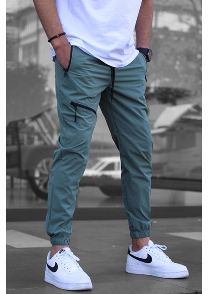 Yeşil Fermuar Detaylı Paraşüt Jogger Pantolon
