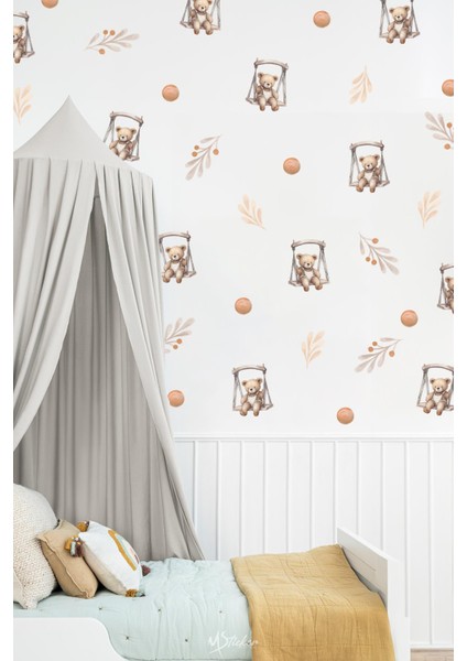 Salıncakta Sevimli Ayıcıklar Çiçekler ve Puantiyeler Çocuk Bebek Odası Sticker Seti