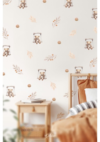 Salıncakta Sevimli Ayıcıklar Çiçekler ve Puantiyeler Çocuk Bebek Odası Sticker Seti fiyatları
