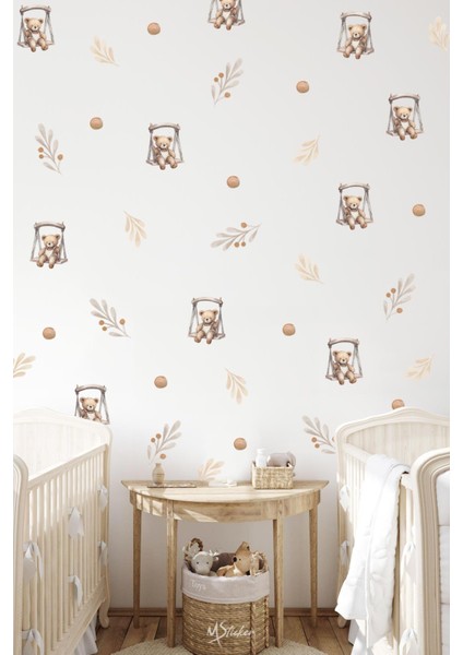 Salıncakta Sevimli Ayıcıklar Çiçekler ve Puantiyeler Çocuk Bebek Odası Sticker Seti modelleri