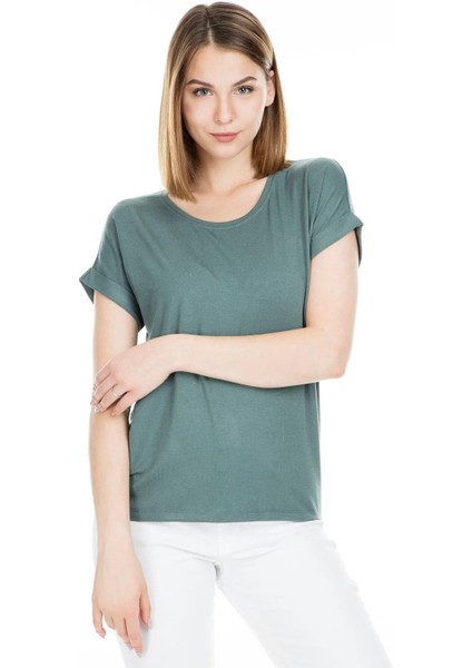 15106662 Acık Yaka Kol Katlamalı Kısa Kol T-Shirt