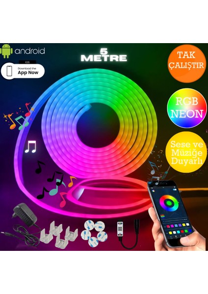 Neon Rgb LED - Mobil Kontrol - App - Full Renk - Orjinal - 5 Metre