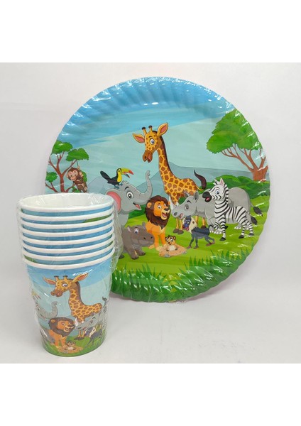 Safari Temalı Yeşil Karton Tabak Bardak Seti 2 - 8 Kişilik