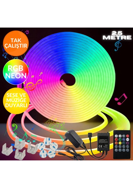 Neon Rgb LED - Sese Müziğe Duyarlı Kumandalı -Çok Renkli - 2,5 Metre FULL SET