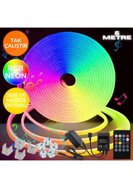 Neon Rgb LED - Sese Müziğe Duyarlı Kumandalı -Çok Renkli - 5 Metre -